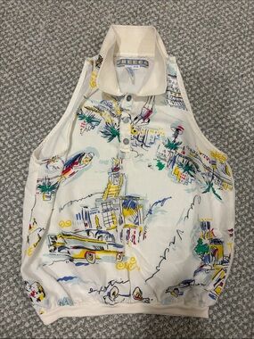 Vintage FREEGO Brand Sleeveless Polo Tank Top with Coastal City Motif